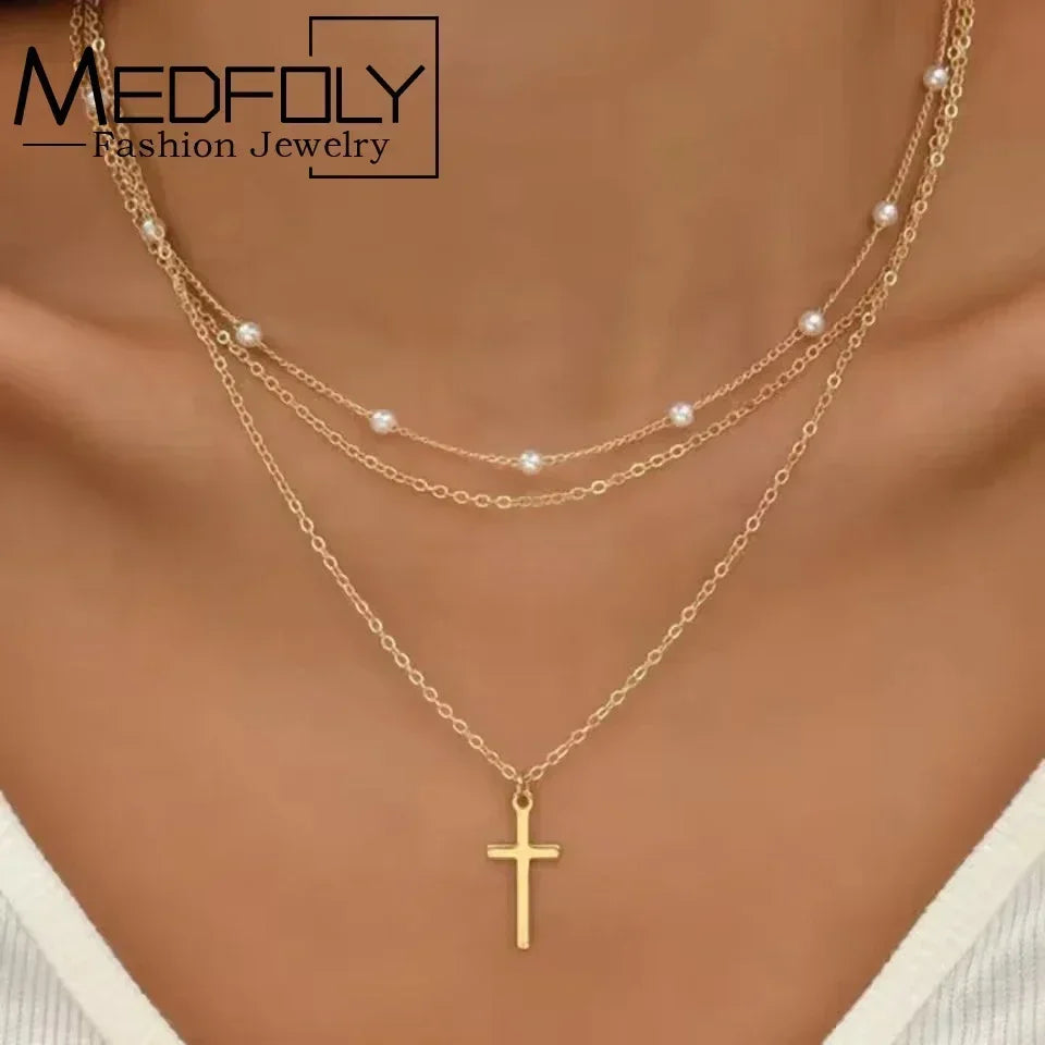 MEDFOLY 3pcs Gold Charm Necklace For Women Star Pearl Cross Pendant Neckalces Dainty 14K Gold Plated Summer Beach Jewelry Gifts - DEA collection