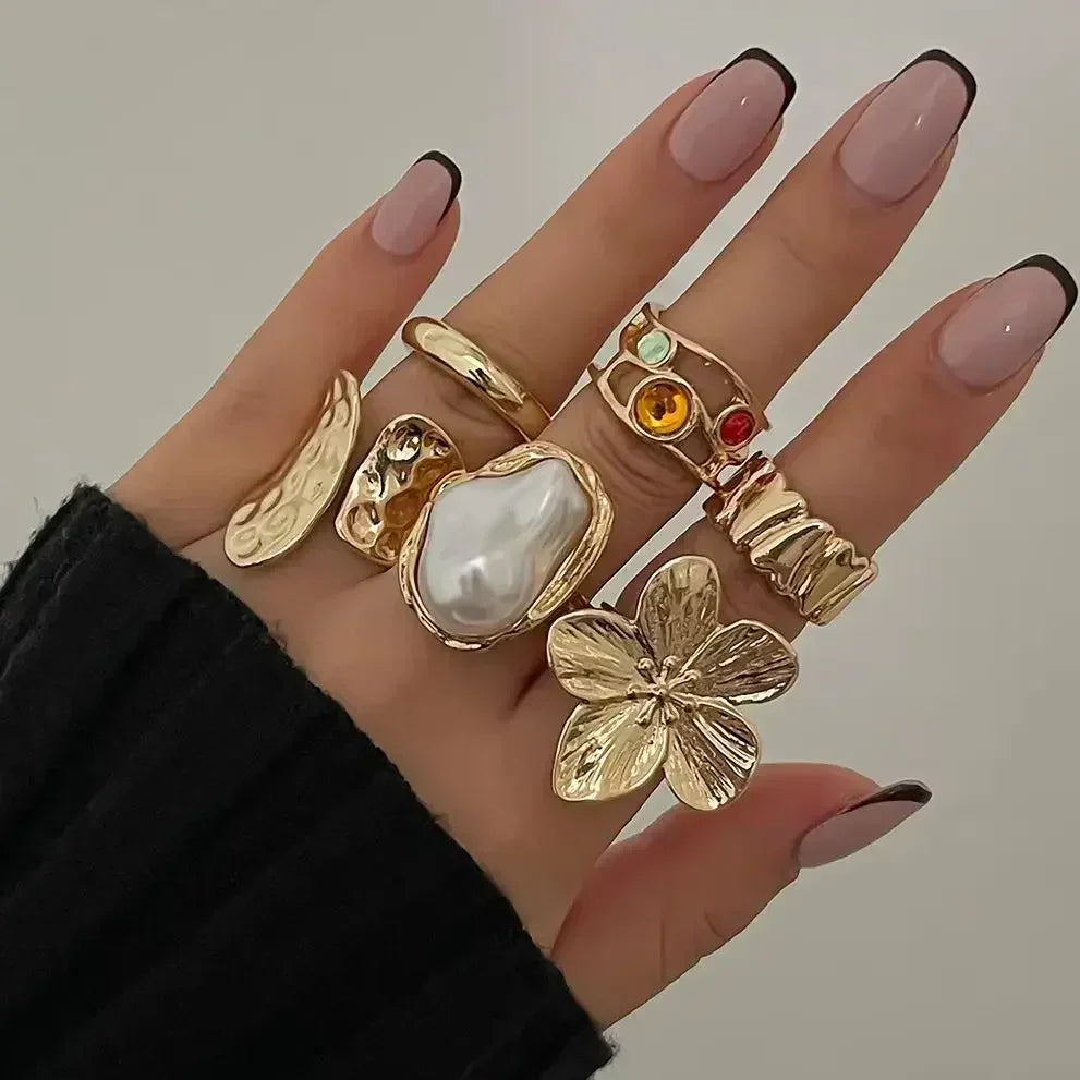 Ingemark 2025 New Irregular Exaggerated Metal Flower Open Rings Women Elegant Baroque Imitation Pearl Ring Jewelry Accessories - DEA collection