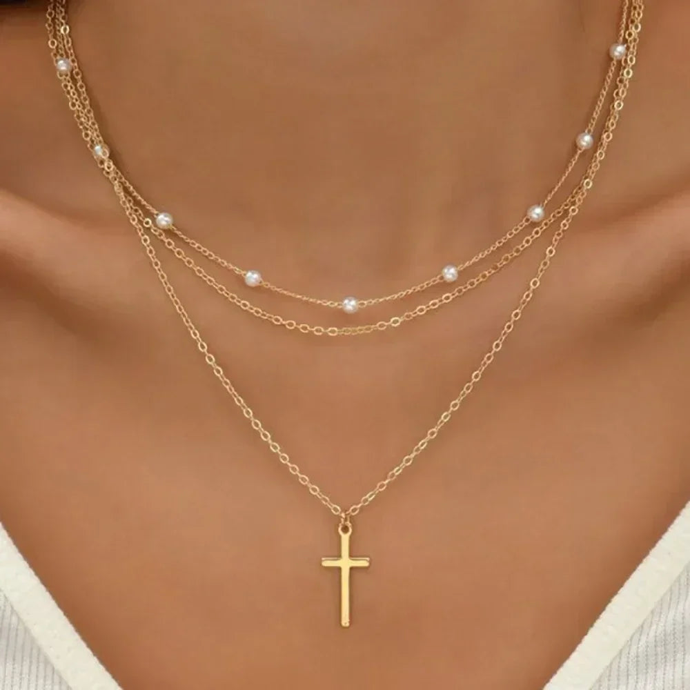 MEDFOLY 3pcs Gold Charm Necklace For Women Star Pearl Cross Pendant Neckalces Dainty 14K Gold Plated Summer Beach Jewelry Gifts - DEA collection