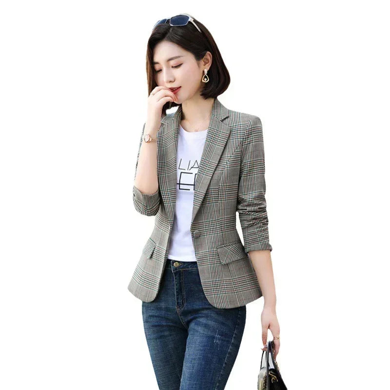 Gray Striped Plaid Blazer Jacket Women's Fashion Slim Coats V-Neck Single Button Ladies Blazers S-XXXXXL - DEA collection