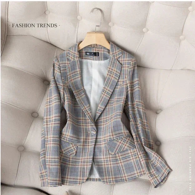 Gray Striped Plaid Blazer Jacket Women's Fashion Slim Coats V-Neck Single Button Ladies Blazers S-XXXXXL - DEA collection