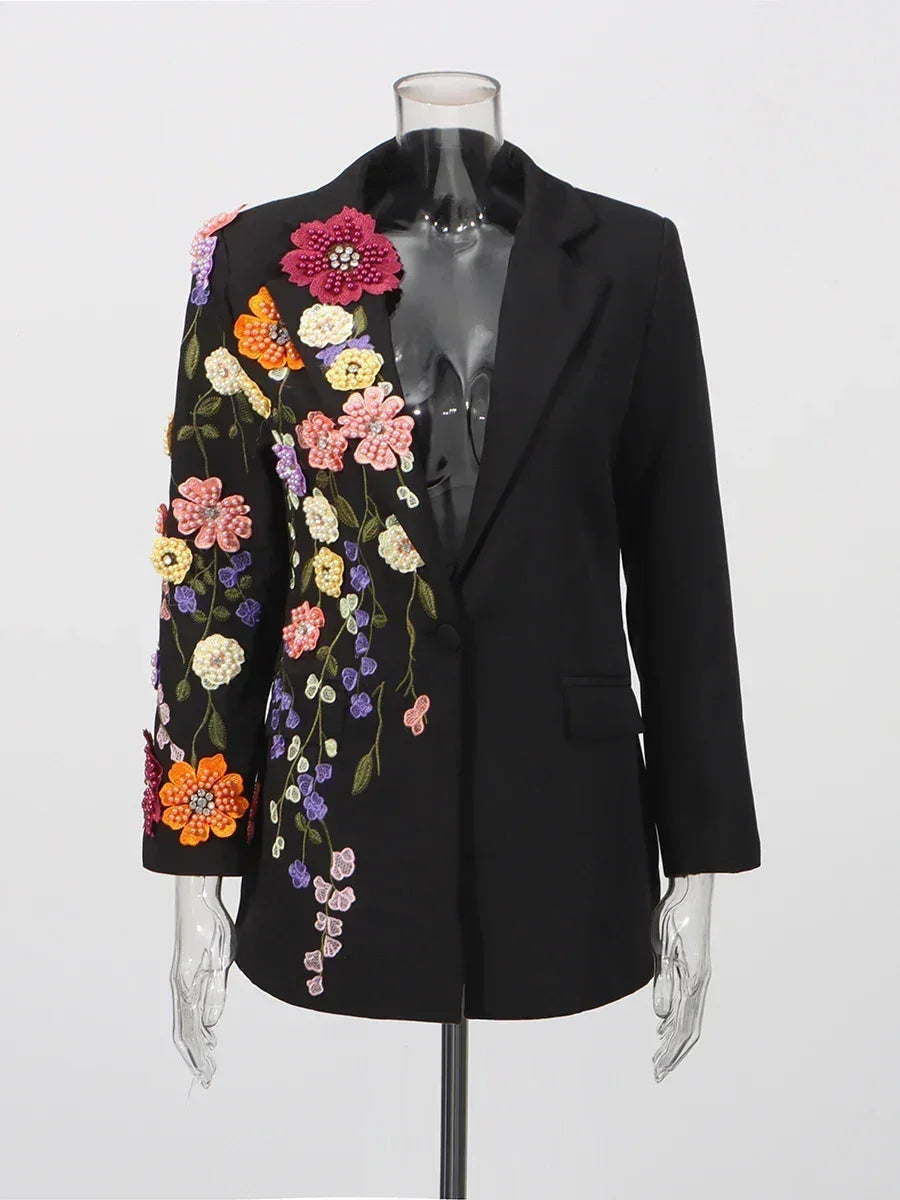 TWOTWINSTYLE Hit Color Spliced Appliques Fashion Blazers for Women Lapel Long Sleeves Patchwork Bead Temperament Blazer Female - DEA collection