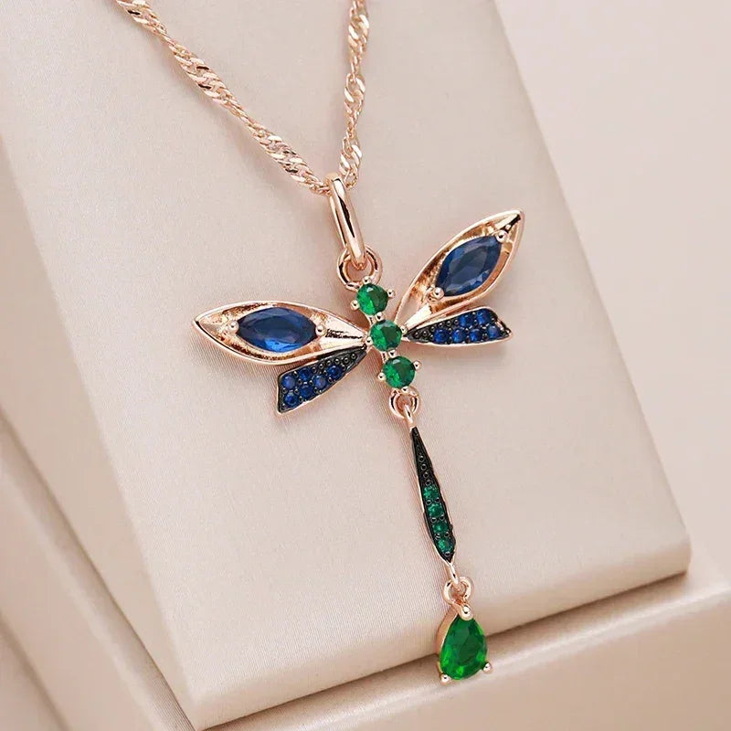 Kinel Hot Blue Natural Zircon Dragonfly Pendant Necklace For Women 585 Rose Gold and Black Plating Vintage Daily Fine Jewelry - DEA collection