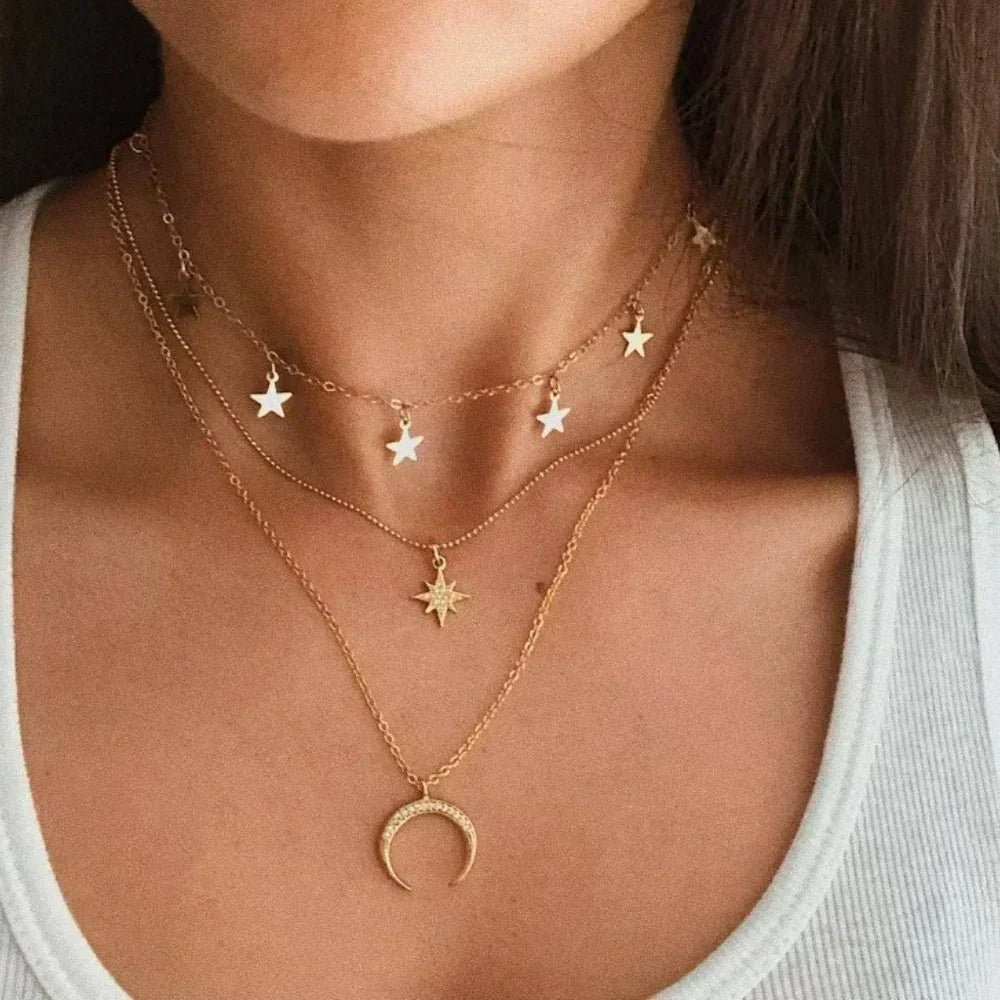 MEDFOLY 3pcs Gold Charm Necklace For Women Star Pearl Cross Pendant Neckalces Dainty 14K Gold Plated Summer Beach Jewelry Gifts - DEA collection