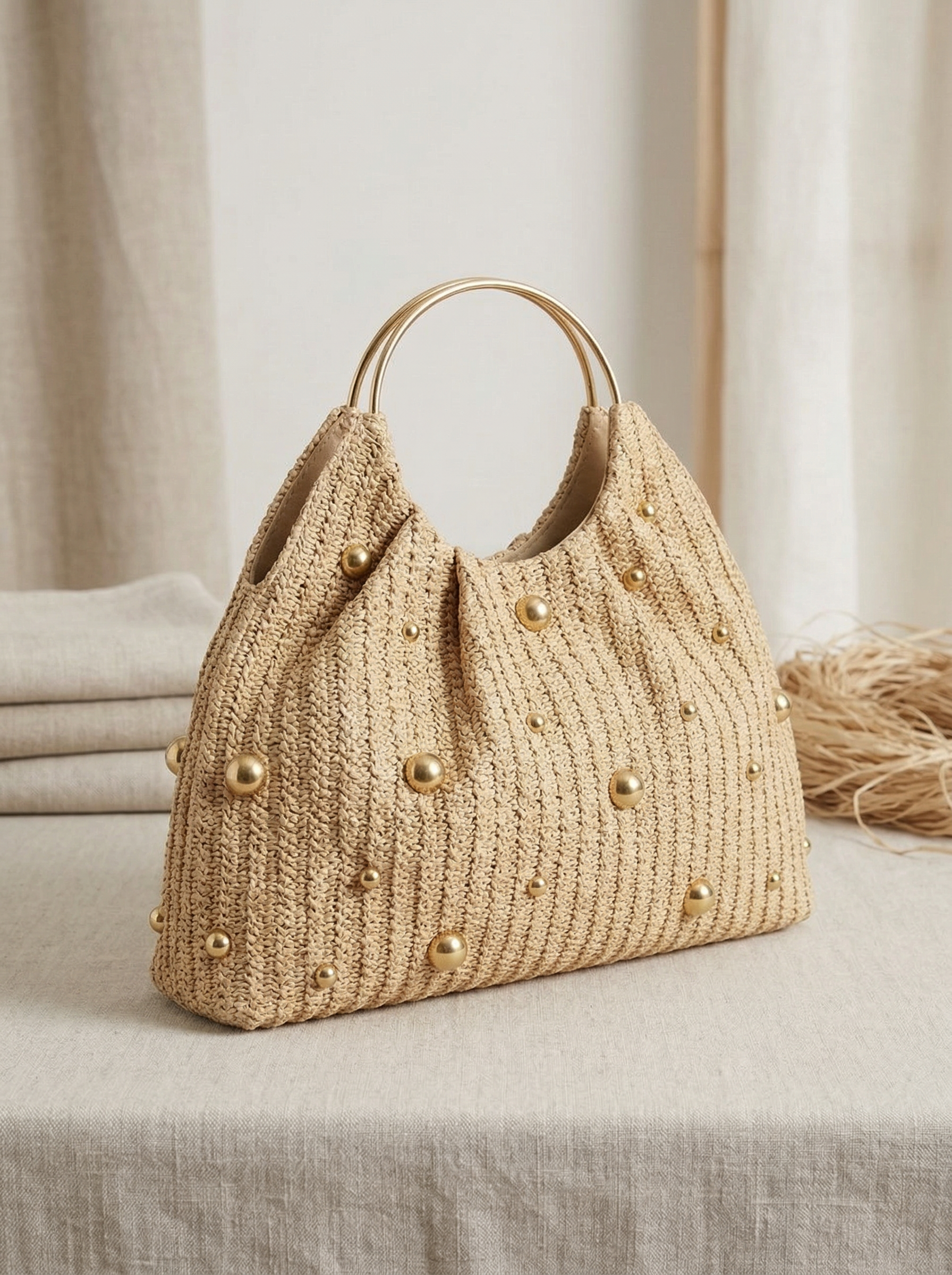 Artisanal Studded Handwoven Raffia Bag with Sculptural Gold Ring Handle - DEA collection