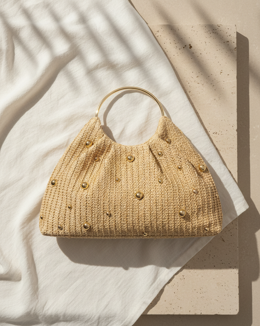 Artisanal Studded Handwoven Raffia Bag with Sculptural Gold Ring Handle - DEA collection