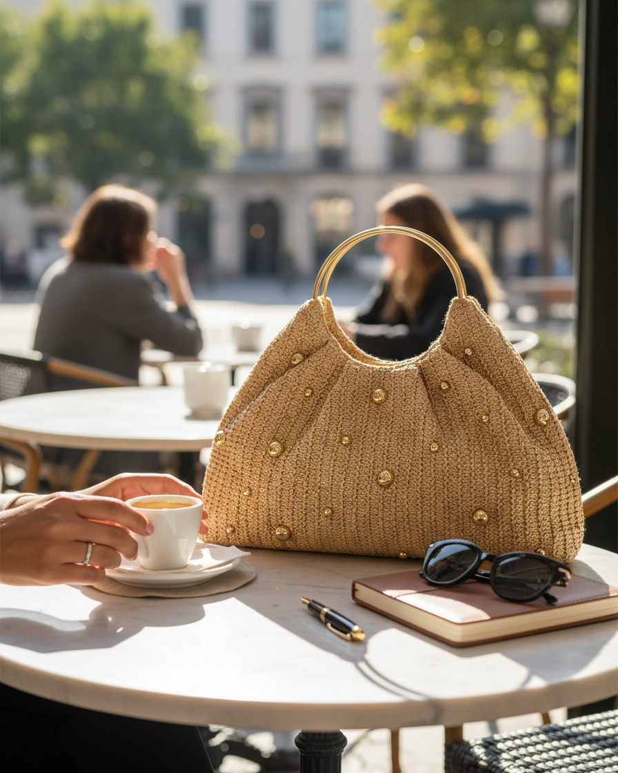 Artisanal Studded Handwoven Raffia Bag with Sculptural Gold Ring Handle - DEA collection