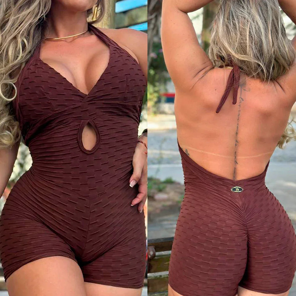 SCRUNCH BOOTY BROWN WAVE SEXY BACK SHORT JUMPSUIT - DEA collection