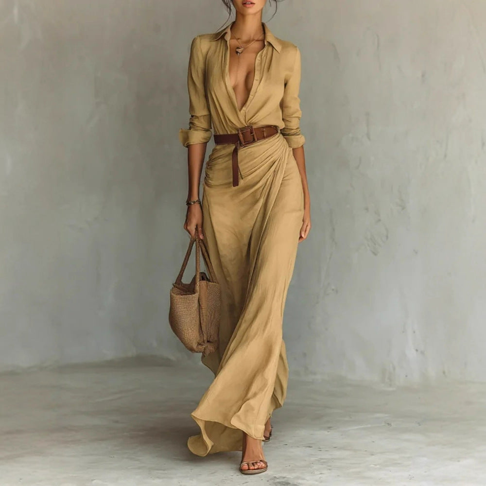 Irregular Long Dress With Belt Fashion And Elegant Button Lapel Long-sleeved Shirt Dresses Daily Office Commuting Clothing For Women - DEA collection