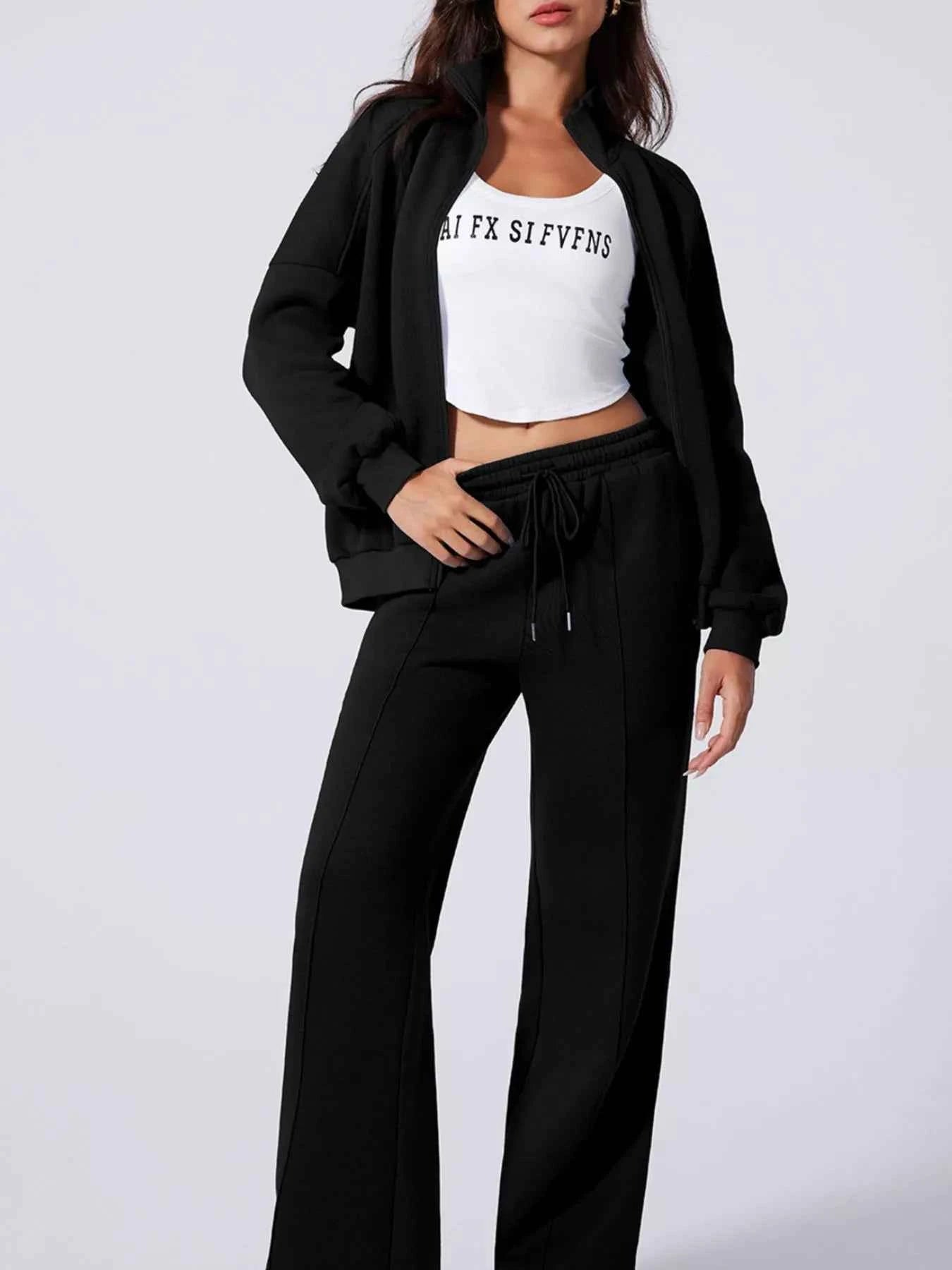 Drop Shoulder Zip Up Jacket and Drawstring Pants Active 2pcs Set