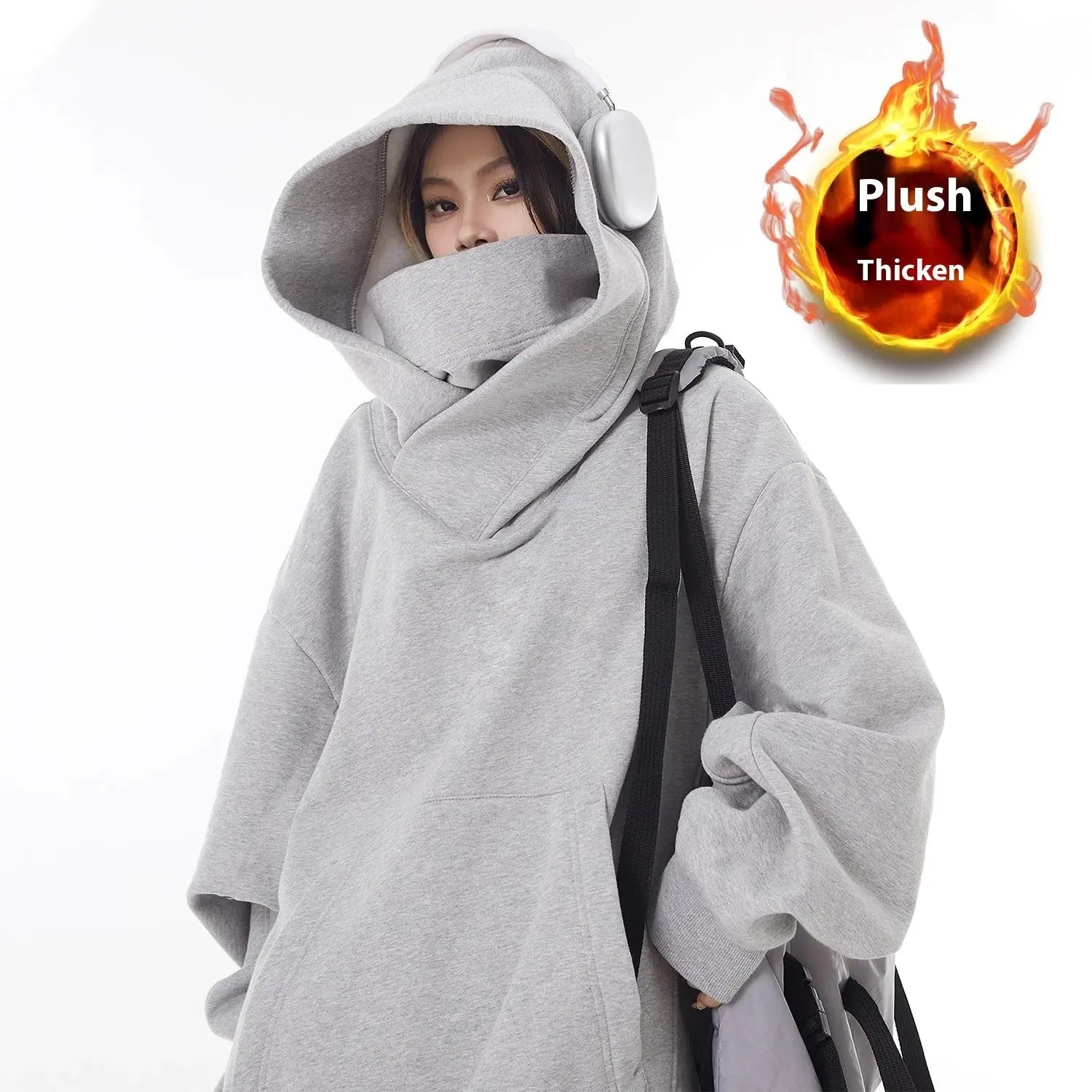 여성 루즈핏 하이넥 플리스 안감 후드티 오버사이즈 M-3XL 블랙 그레이
