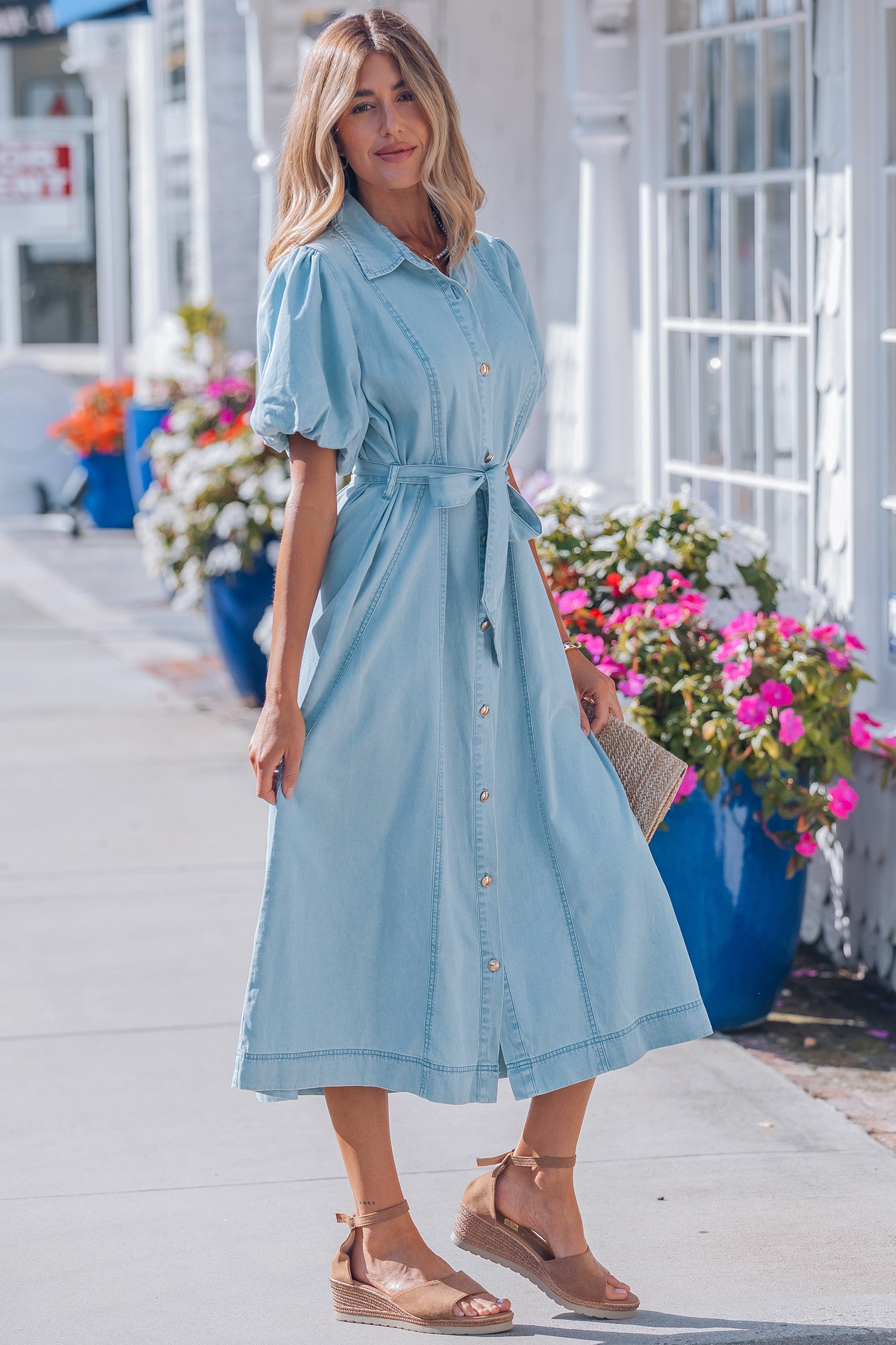 Bubble Sleeve Button Denim Dress