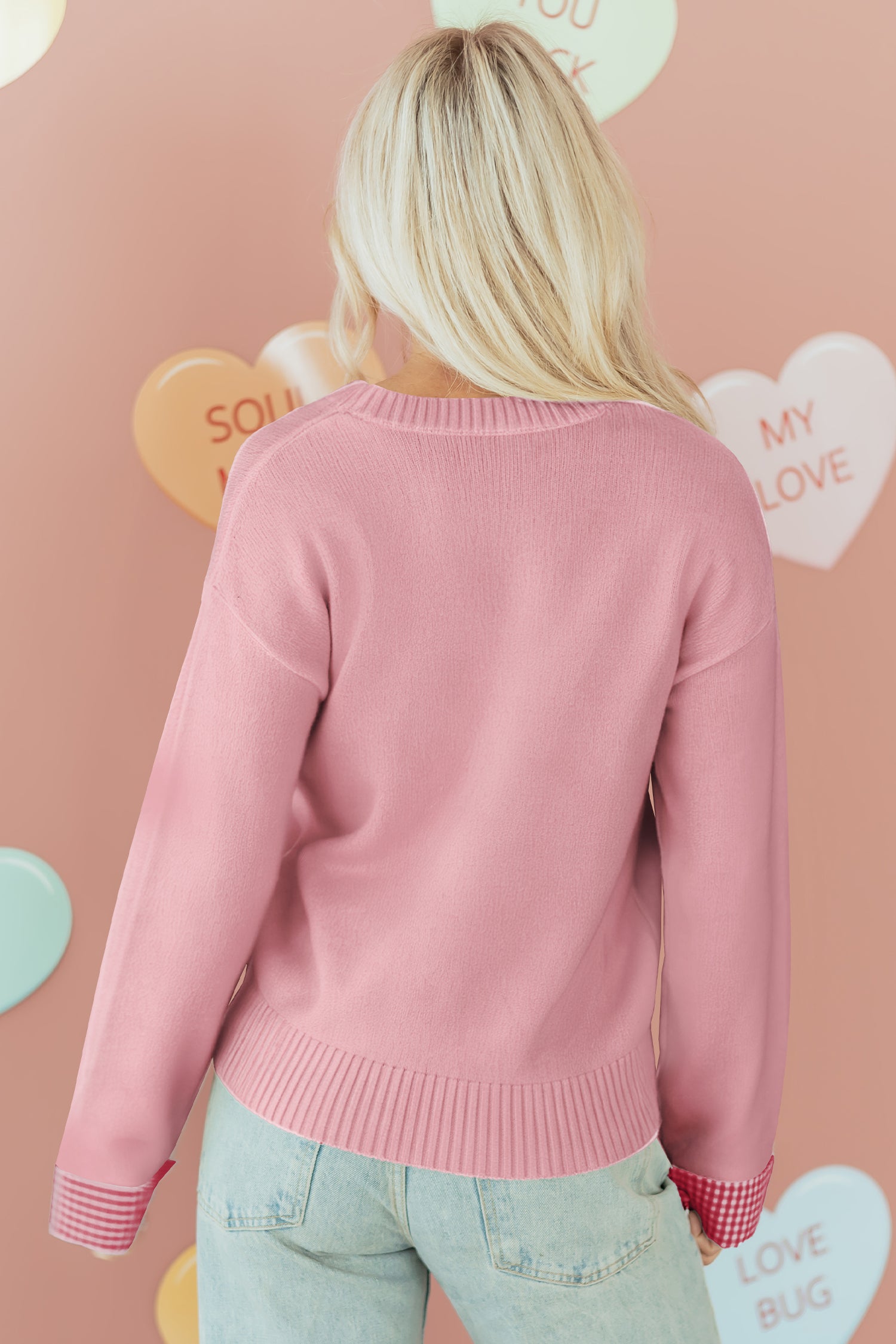 Light Pink Plaid Heart Embroidered
