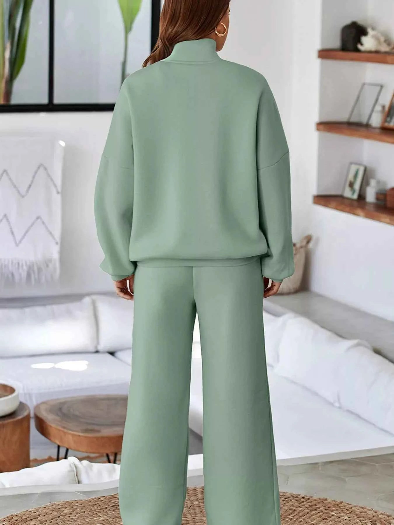 Drop Shoulder Zip Up Jacket and Drawstring Pants Active 2pcs Set