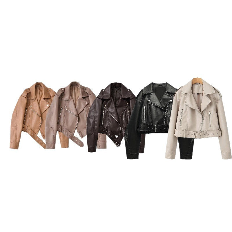 Womens Retro Short-belted Biker Jacket - DEA collection