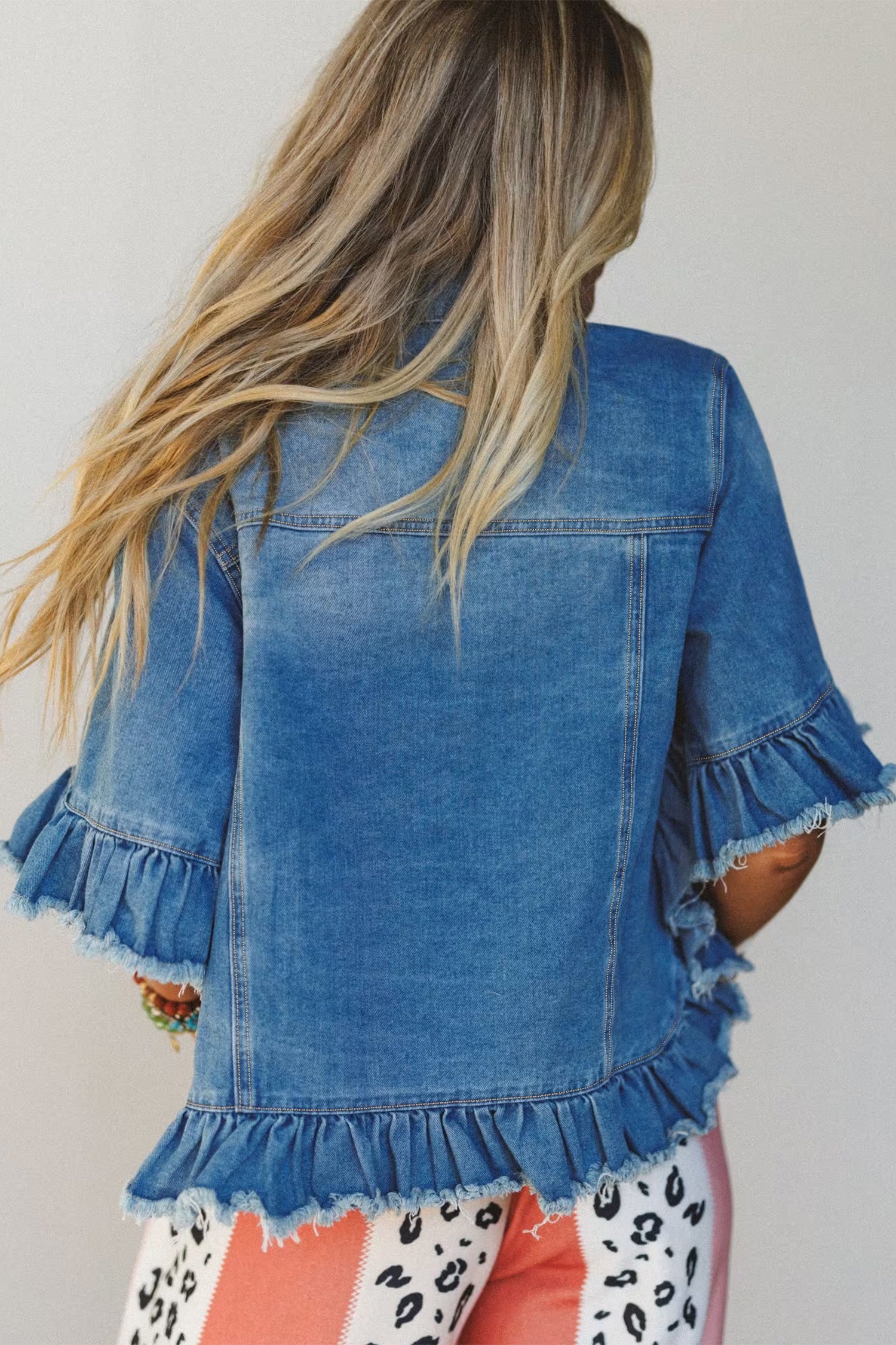 Ruffle Hem Raw Edge Denim Jacket