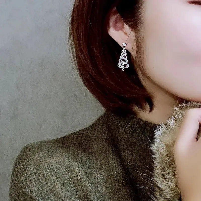 크리스마스 트리 라인스톤 드롭 귀걸이 홀리데이 주얼리 골드 실버
