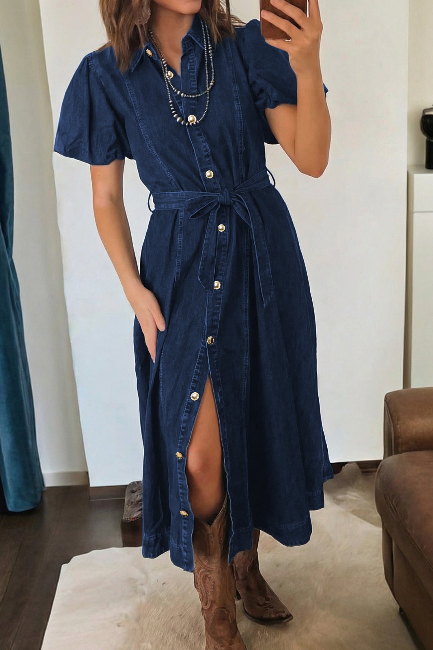 Bubble Sleeve Button Denim Dress