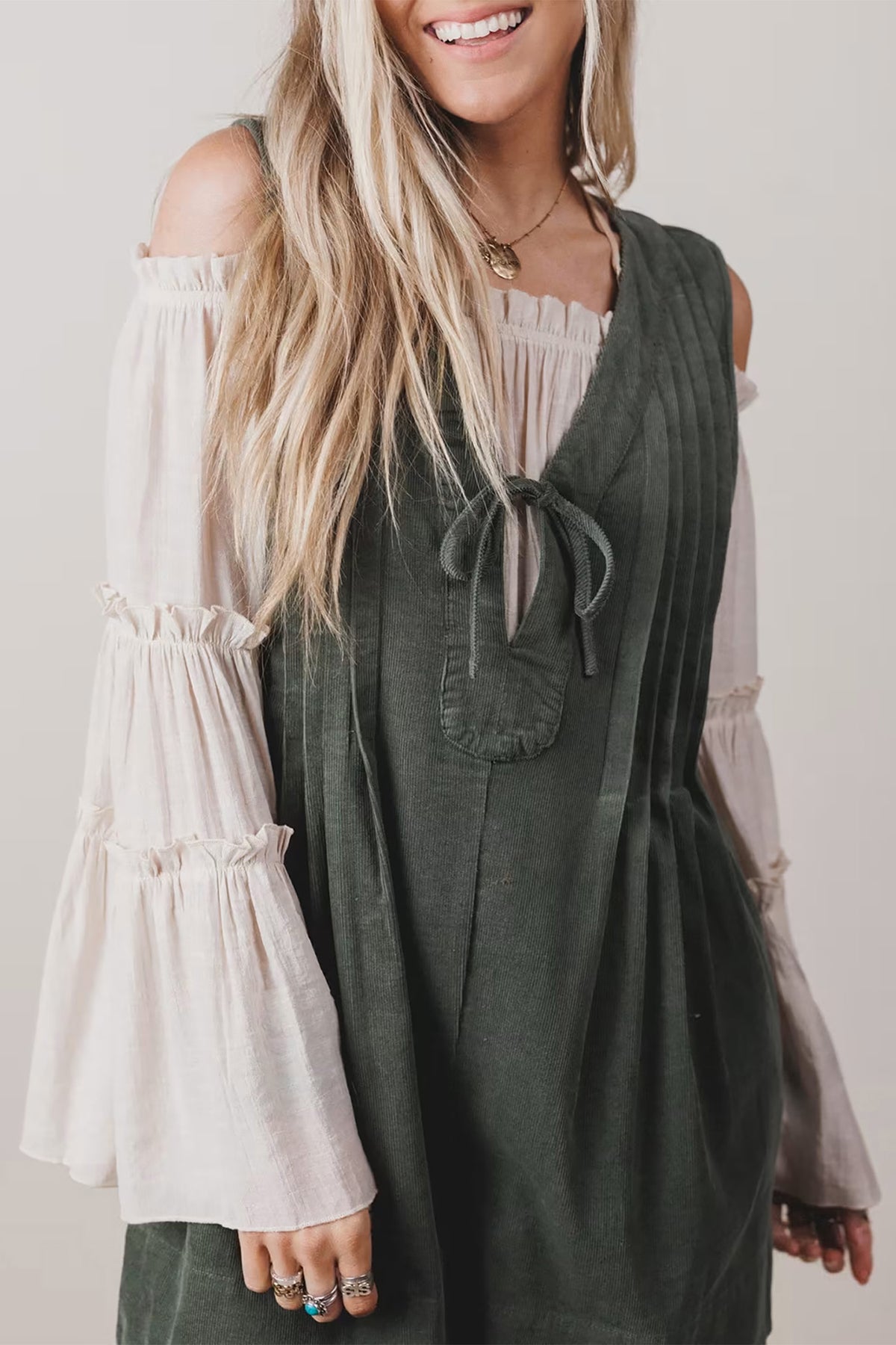 Cinnamon Solid Color Tie V Neck Sleeveless Corduroy Romper