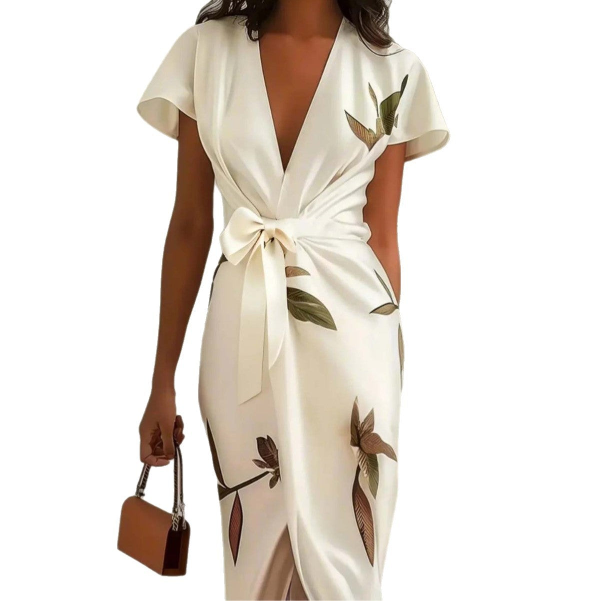 European And American V-neck Short-sleeved Lace-up Digital Printed Dress - DEA collection