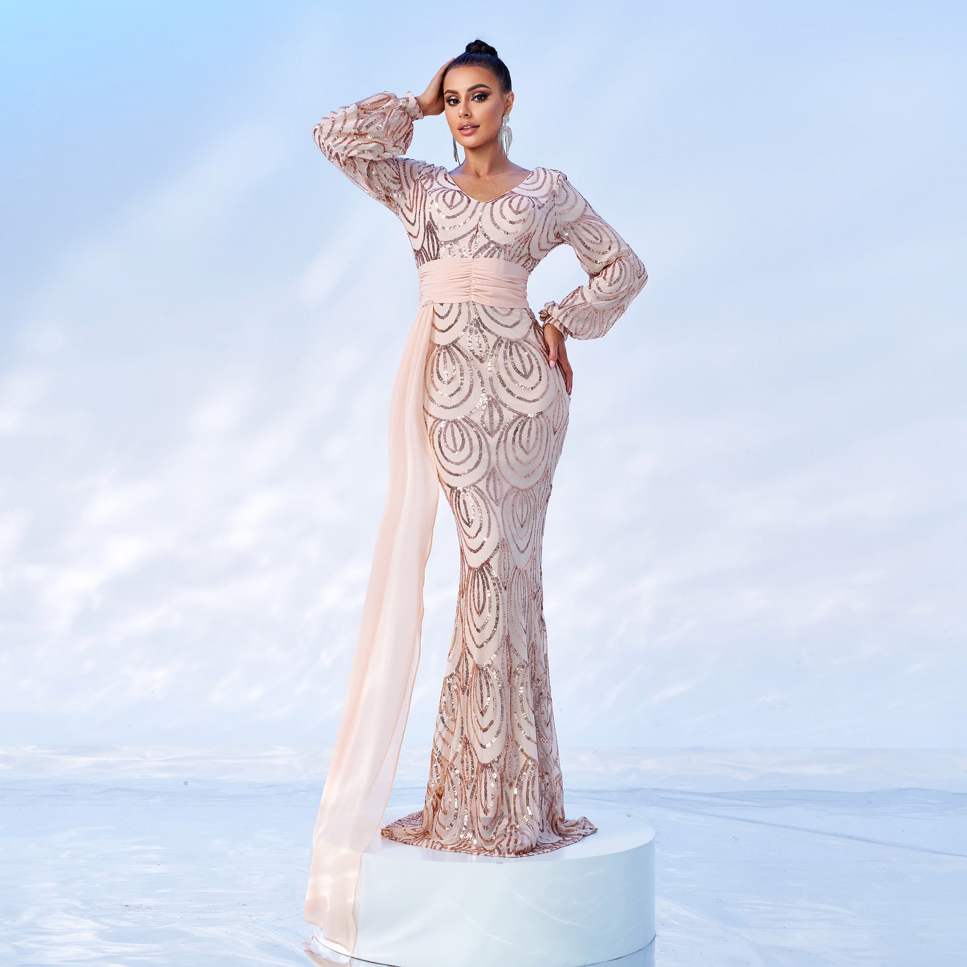 Long Sleeve Sexy Long Sequined V-neck Banquet Ribbon Evening Dress - DEA collection