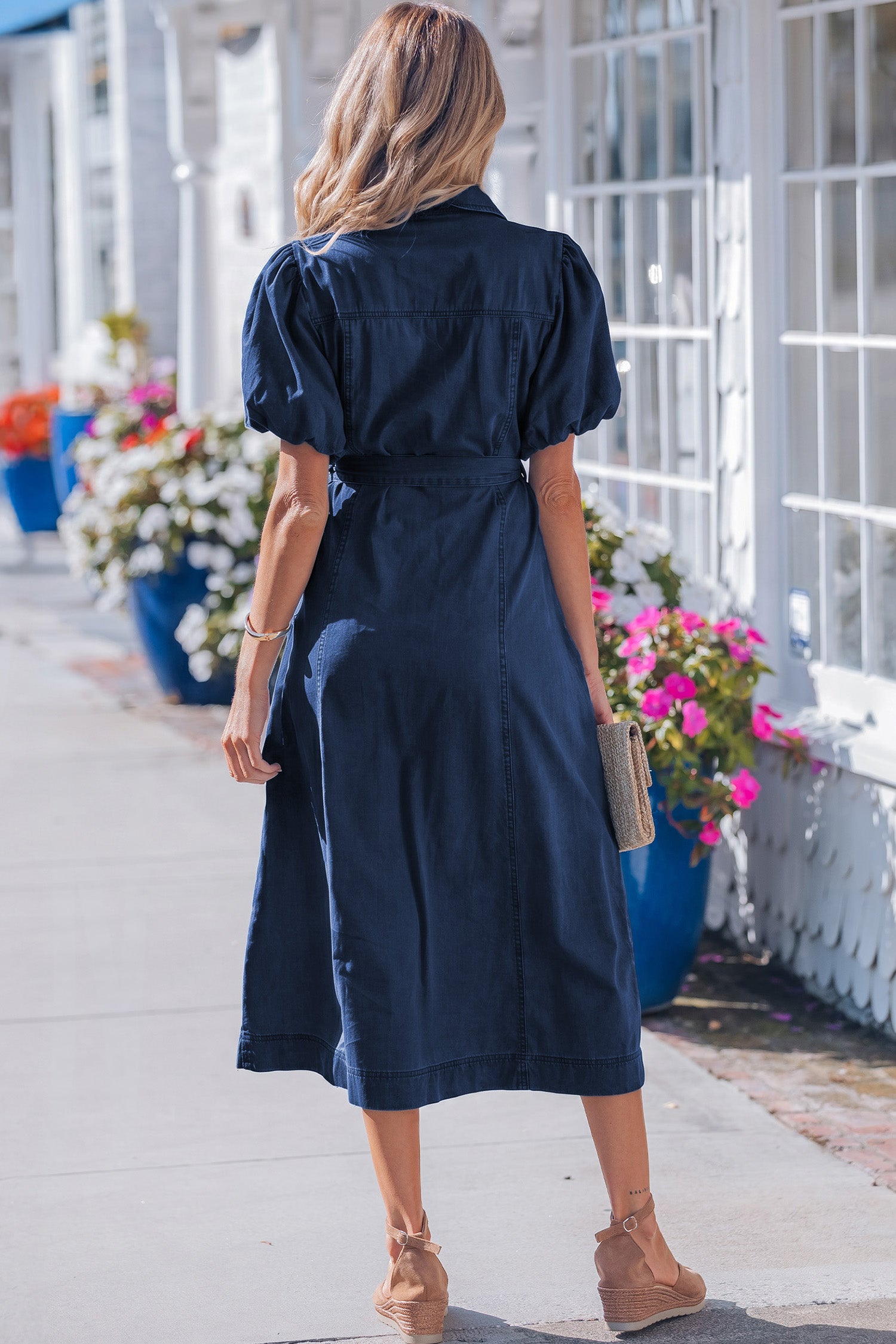 Bubble Sleeve Button Denim Dress