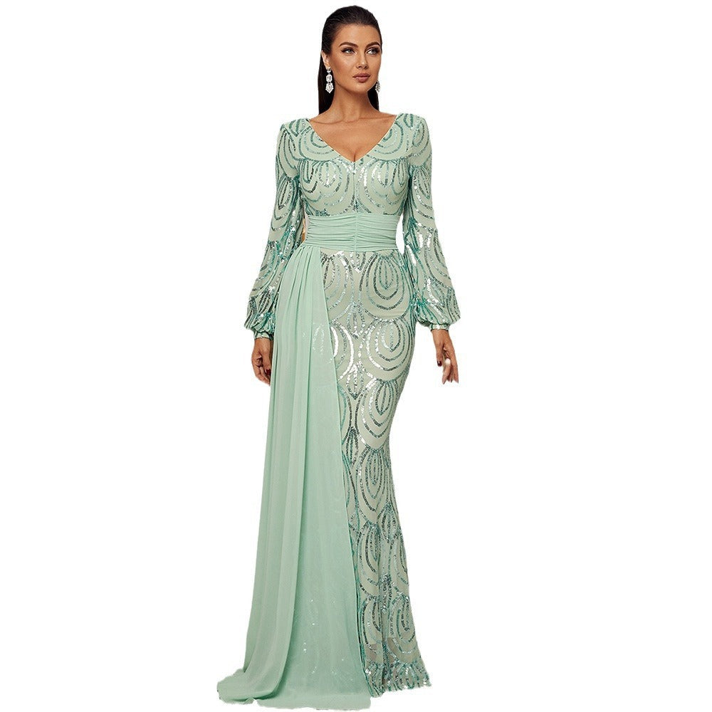 Long Sleeve Sexy Long Sequined V-neck Banquet Ribbon Evening Dress - DEA collection