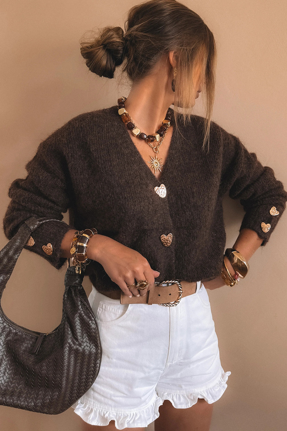 Metallic Heart Button Knit Cardigan