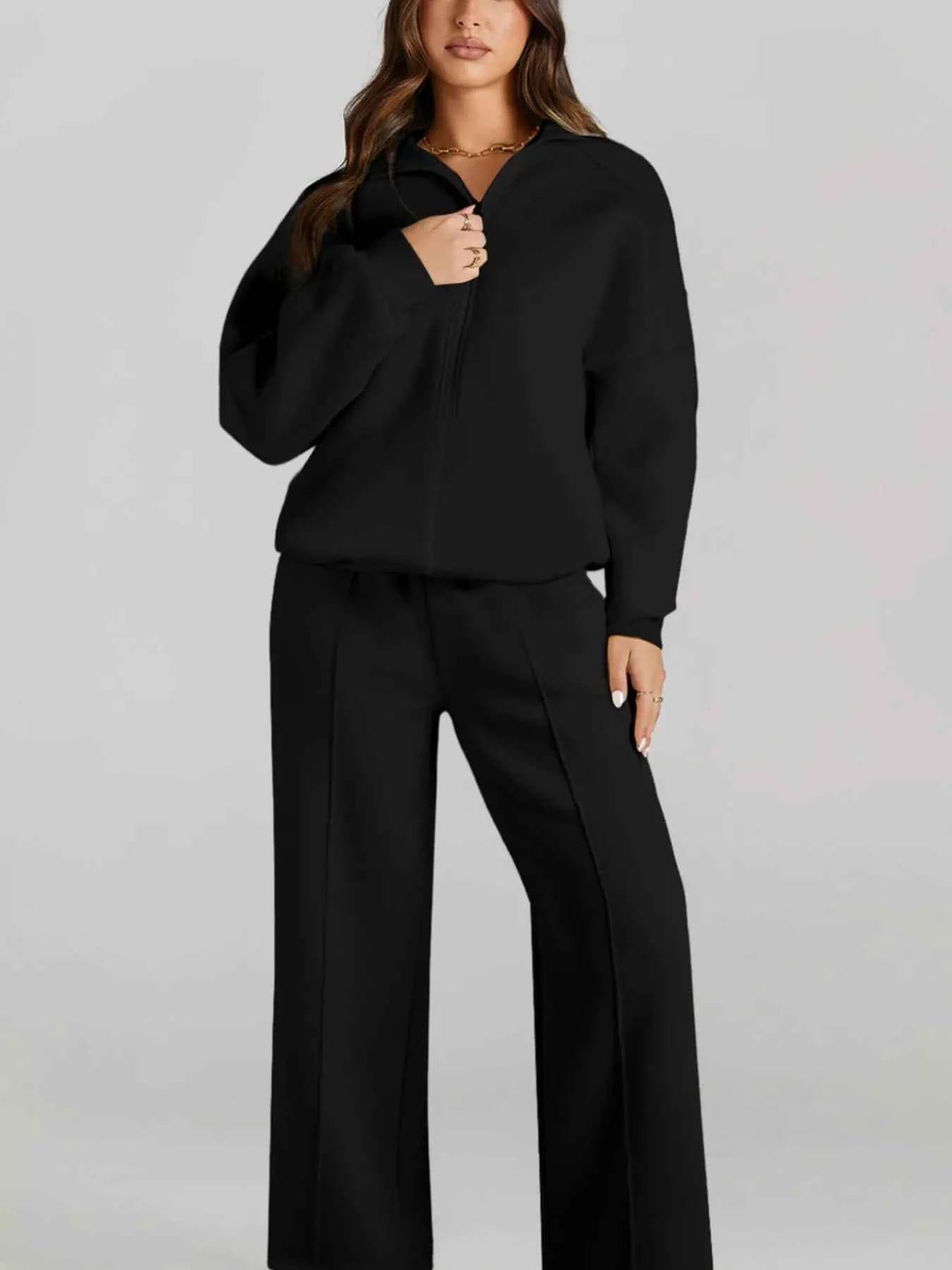 Drop Shoulder Zip Up Jacket and Drawstring Pants Active 2pcs Set