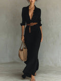 Irregular Long Dress With Belt Fashion And Elegant Button Lapel Long-sleeved Shirt Dresses Daily Office Commuting Clothing For Women - DEA collection