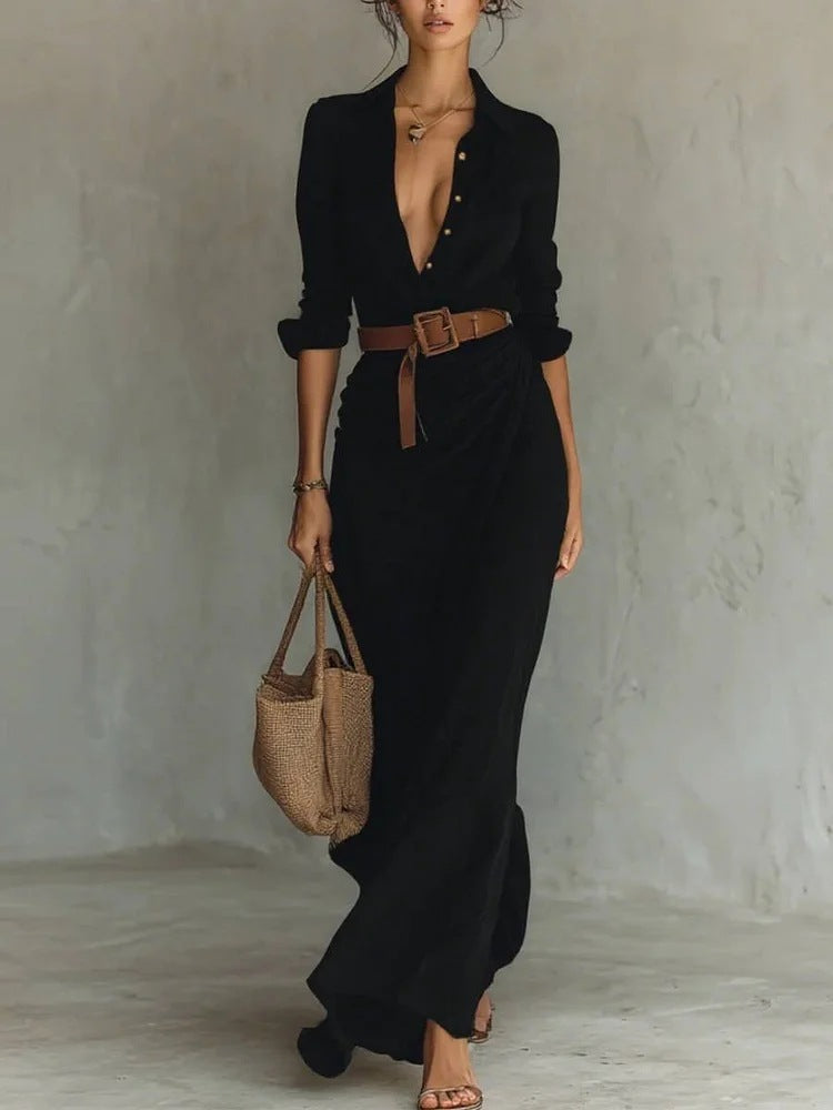 Irregular Long Dress With Belt Fashion And Elegant Button Lapel Long-sleeved Shirt Dresses Daily Office Commuting Clothing For Women - DEA collection