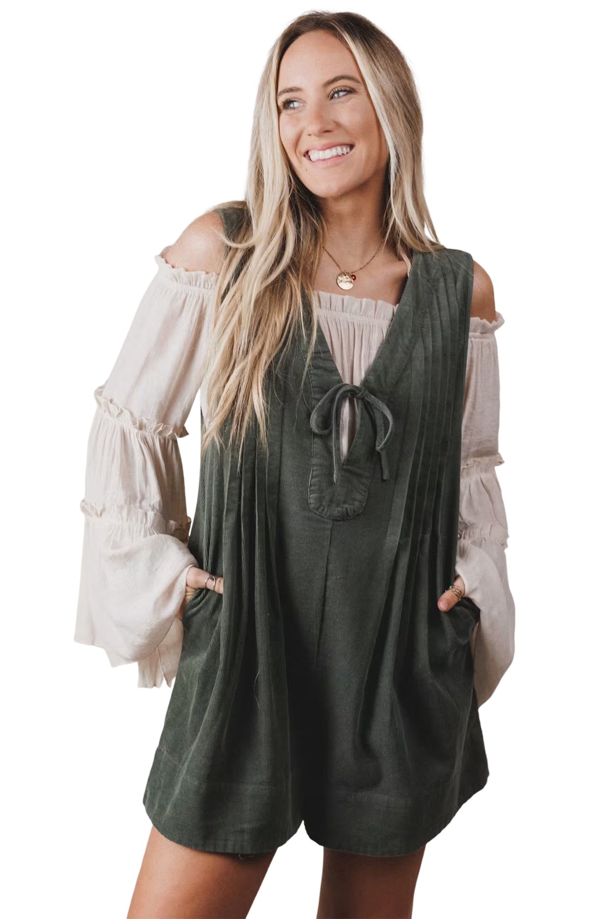 Cinnamon Solid Color Tie V Neck Sleeveless Corduroy Romper