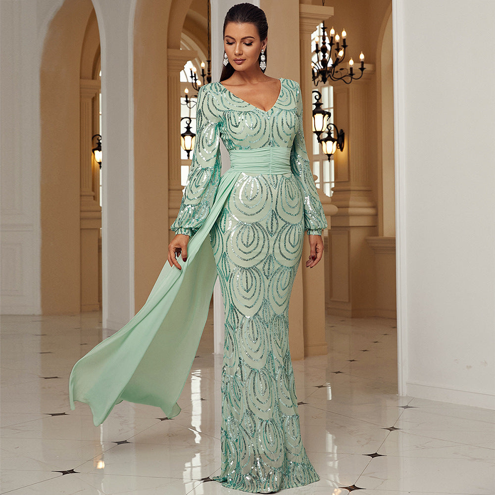 Long Sleeve Sexy Long Sequined V-neck Banquet Ribbon Evening Dress - DEA collection