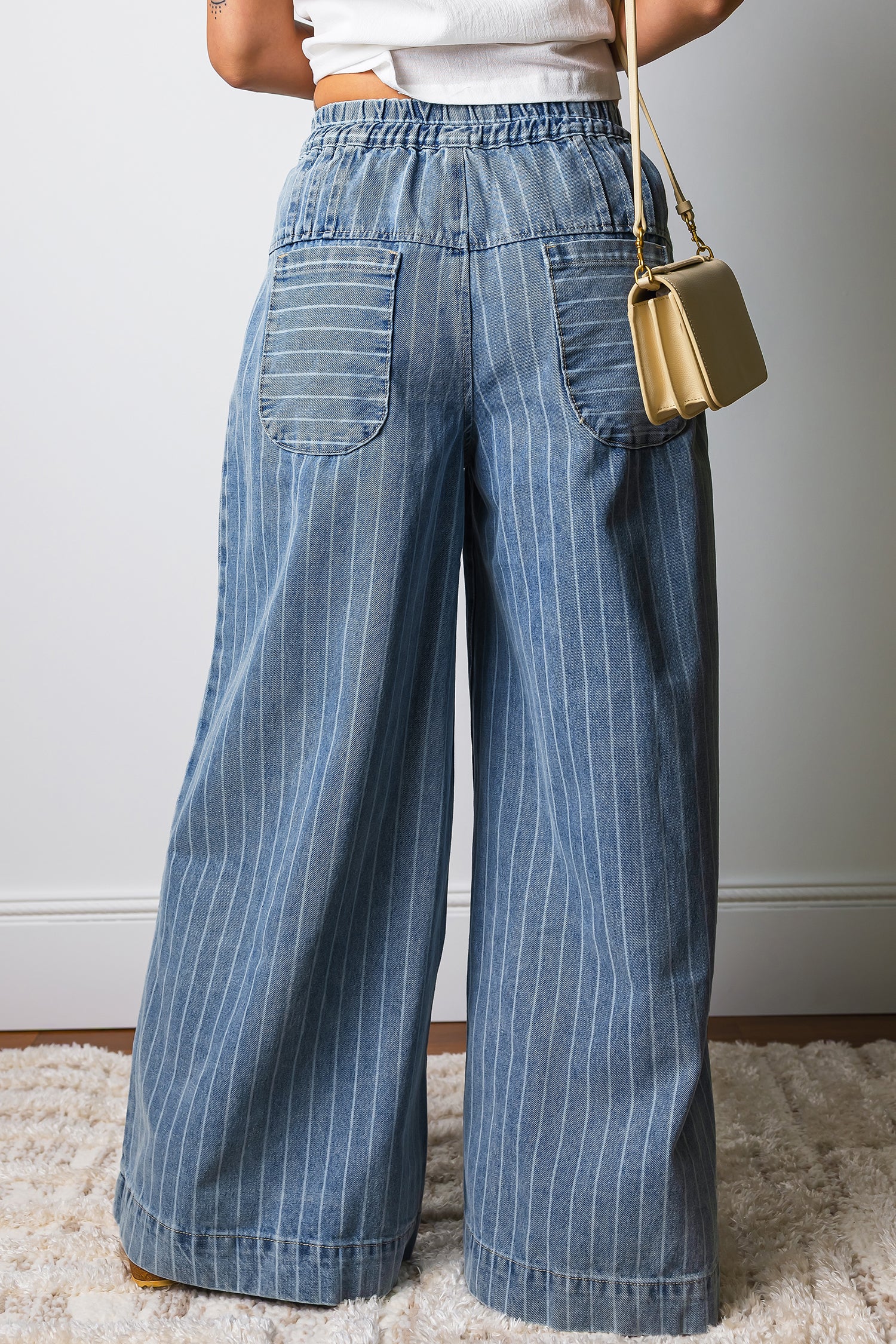 Stripe Pleated Wide Leg Jeans
