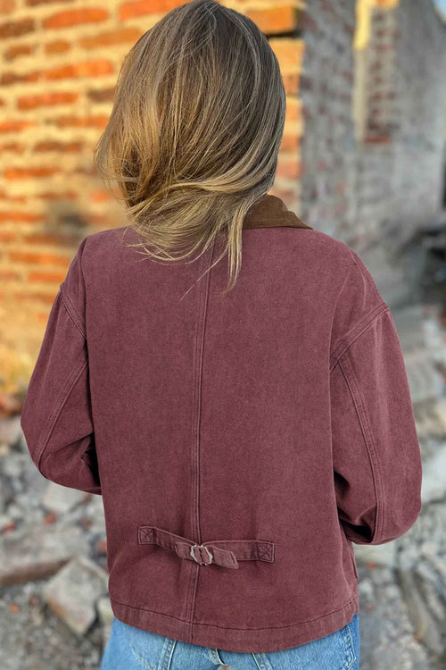 Coffee Corduroy Collar Zipped Front Denim Jacket