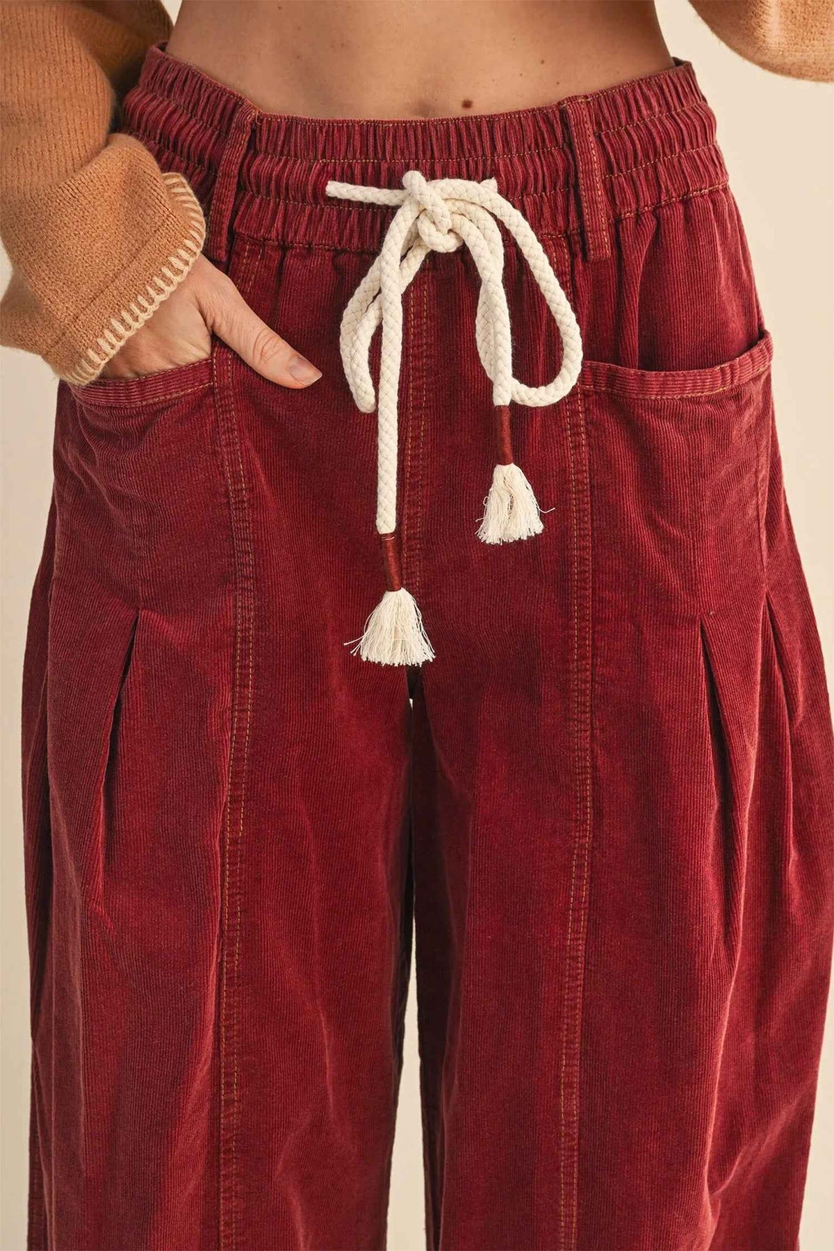 Racing Red Elastic Waist Drawstring Corduroy Casual Pants