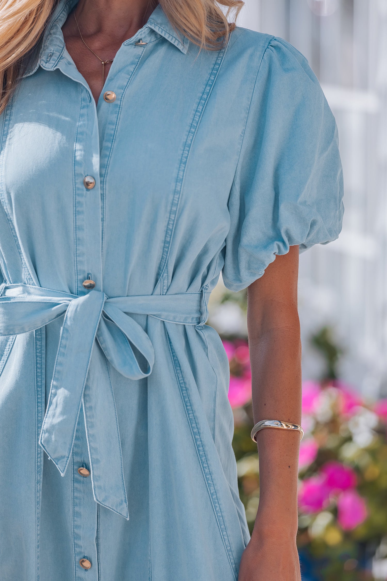 Bubble Sleeve Button Denim Dress
