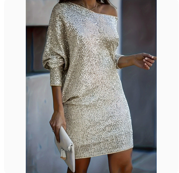 Fashion Oblique Shoulder Sequins Dress Ins Long-sleeved Dresses For Party Women's Clothing - DEA collection