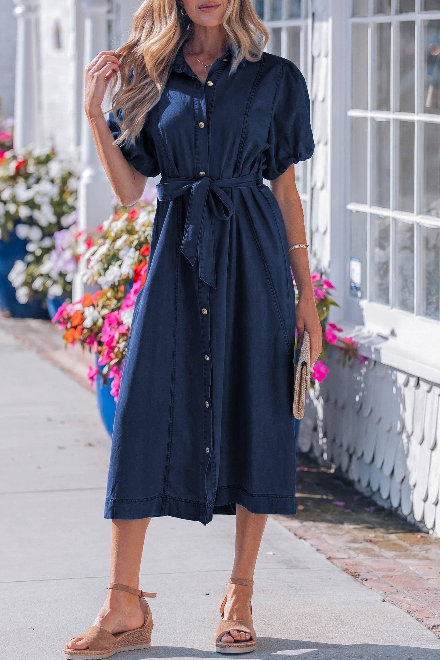 Bubble Sleeve Button Denim Dress