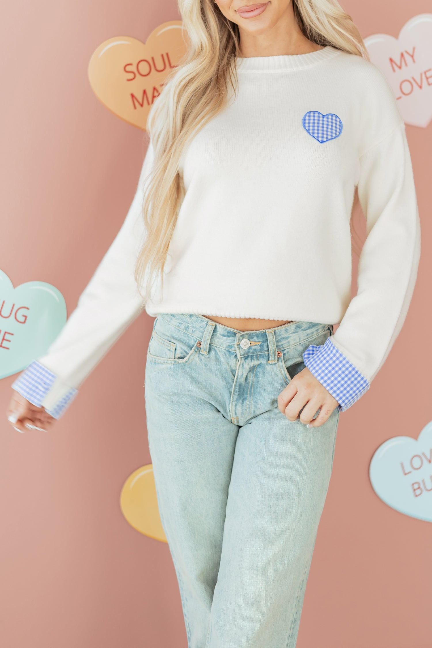Light Pink Plaid Heart Embroidered