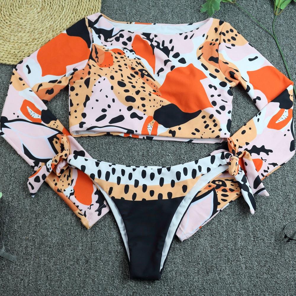 Surfing Swimsuit For Women Bikini Long Sleeve Swimwear Tiger Print Push Up Summer Bath Suit Two Piece Surfing Rash Guard Bikini Long Sleeve Swimsuit Set - DEA collection