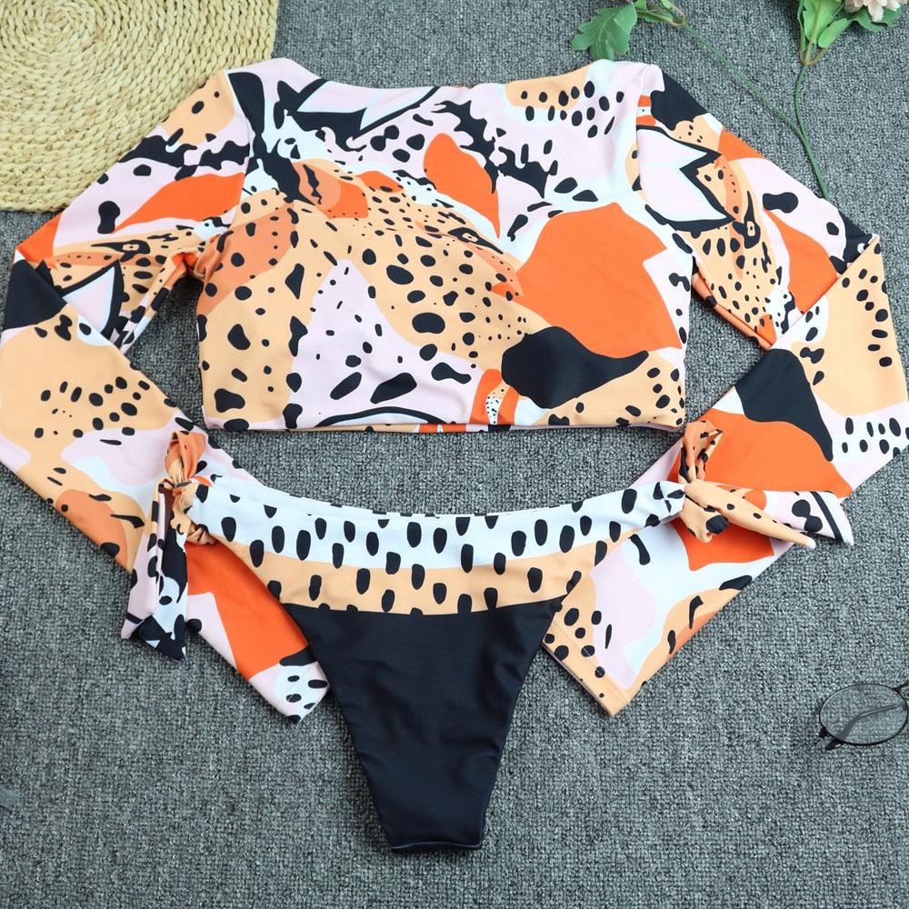 Surfing Swimsuit For Women Bikini Long Sleeve Swimwear Tiger Print Push Up Summer Bath Suit Two Piece Surfing Rash Guard Bikini Long Sleeve Swimsuit Set - DEA collection