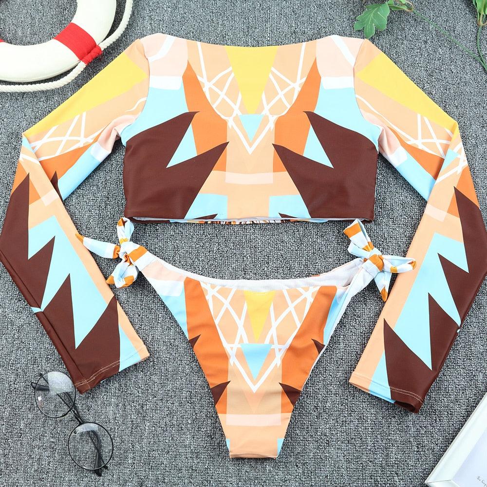 Surfing Swimsuit For Women Bikini Long Sleeve Swimwear Tiger Print Push Up Summer Bath Suit Two Piece Surfing Rash Guard Bikini Long Sleeve Swimsuit Set - DEA collection