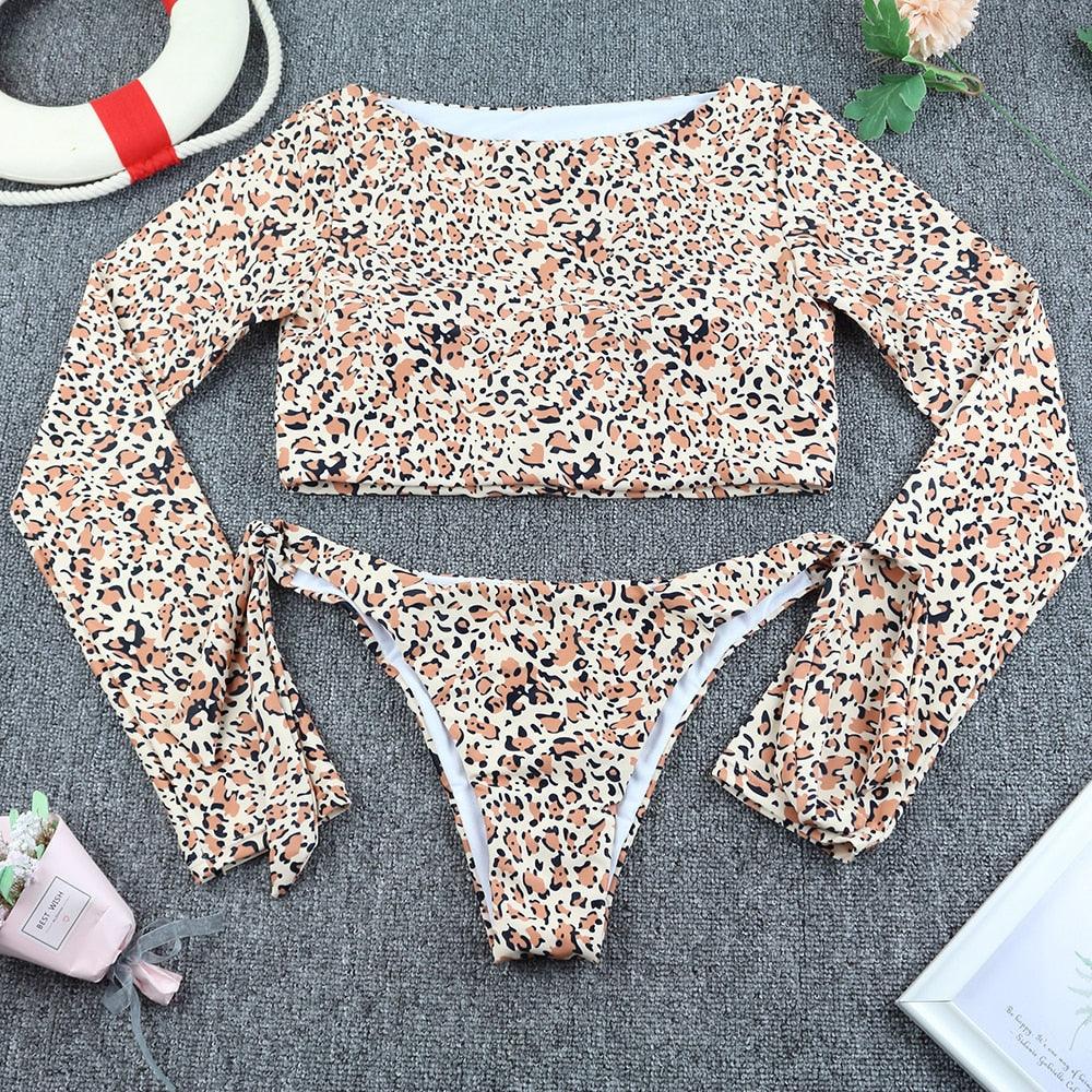 Surfing Swimsuit For Women Bikini Long Sleeve Swimwear Tiger Print Push Up Summer Bath Suit Two Piece Surfing Rash Guard Bikini Long Sleeve Swimsuit Set - DEA collection