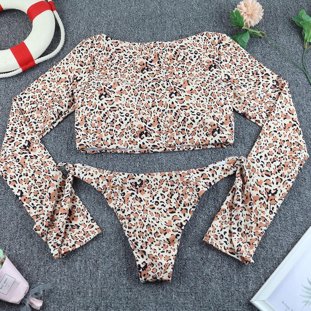 Surfing Swimsuit For Women Bikini Long Sleeve Swimwear Tiger Print Push Up Summer Bath Suit Two Piece Surfing Rash Guard Bikini Long Sleeve Swimsuit Set - DEA collection