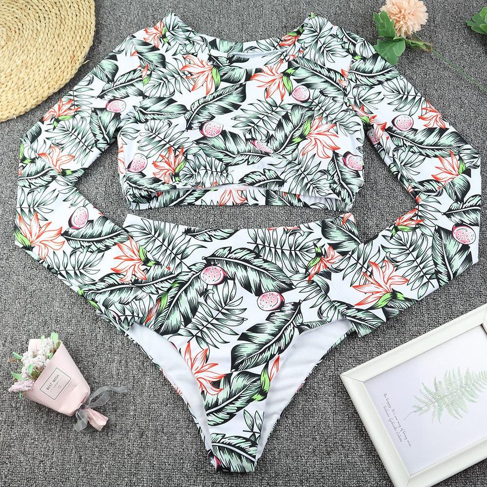 Surfing Swimsuit For Women Bikini Long Sleeve Swimwear Tiger Print Push Up Summer Bath Suit Two Piece Surfing Rash Guard Bikini Long Sleeve Swimsuit Set - DEA collection
