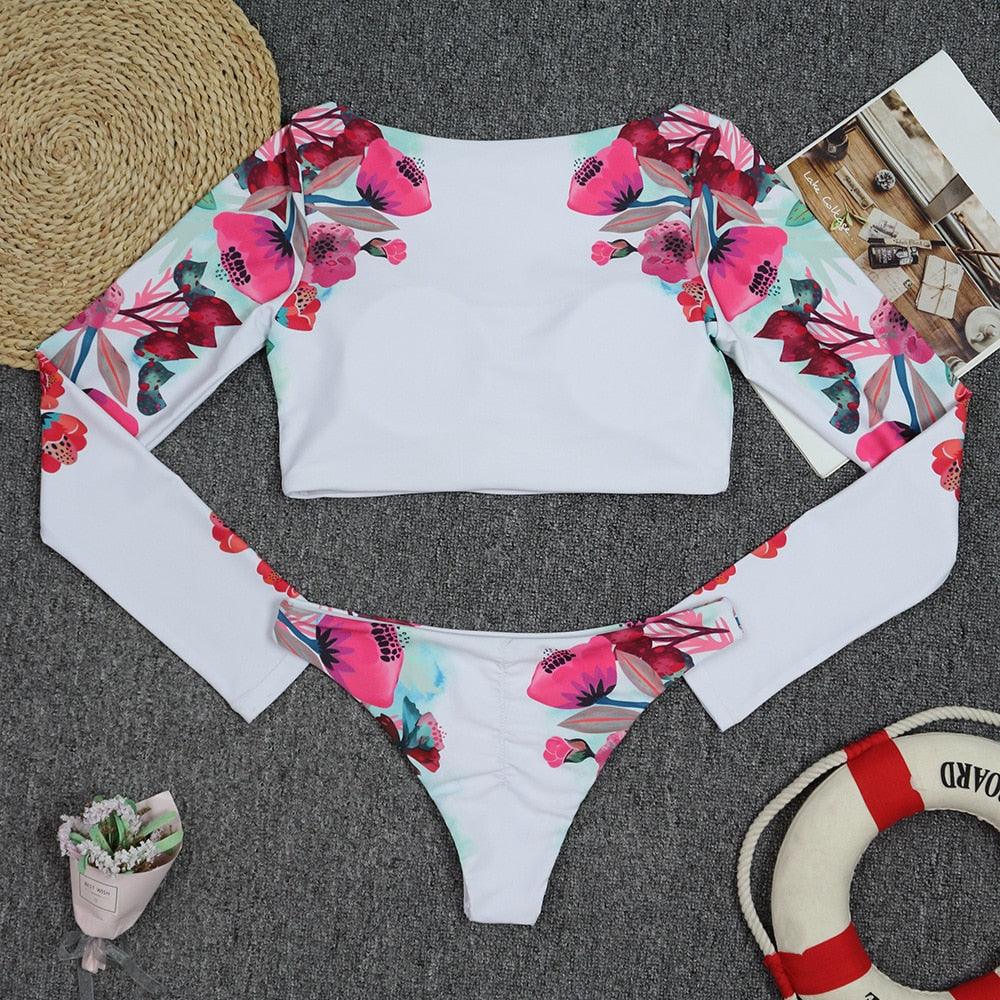 Surfing Swimsuit For Women Bikini Long Sleeve Swimwear Tiger Print Push Up Summer Bath Suit Two Piece Surfing Rash Guard Bikini Long Sleeve Swimsuit Set - DEA collection