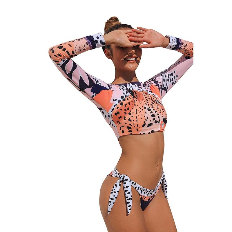 Surfing Swimsuit For Women Bikini Long Sleeve Swimwear Tiger Print Push Up Summer Bath Suit Two Piece Surfing Rash Guard Bikini Long Sleeve Swimsuit Set - DEA collection