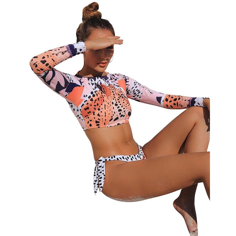 Surfing Swimsuit For Women Bikini Long Sleeve Swimwear Tiger Print Push Up Summer Bath Suit Two Piece Surfing Rash Guard Bikini Long Sleeve Swimsuit Set - DEA collection