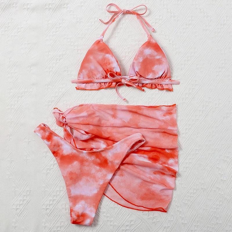 3 Piece Women Bikini Modern Swimsuit Women High Cut  Suit Halter Swimwear Women's Bikini Swimsuits With Wrap Skirt Lace Up Pieces Strings High Cut Bikini Set Bathing Suits Female Triangle Backless Bathing Suit - DEA collection